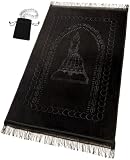Alfombra de oración musulmana islámica, lujosa alfombra de oración turca de terciopelo Sajadah para niños, hombres y mujeres, para viajes Eid Ramadán, suave y lujosa (negro)