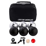 Juego de Petanca 6 Bolas Acero Cromado Negras 74 mm 720 g Bolsa | Incluye recogebolas magnético, 2 bolas objetivo y cuerda de medición. Ideal para playa, jardín y camping.