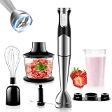 Batidora de Mano 1200W 6 en 1 Eléctrica Multifuncionales Función Turbo | Velocidad Regulable Cuchillas de Acero Inoxidable 304 con Batidora, Picadora y Vaso para Frutas, Verduras y Comida para Bebés