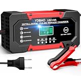 Cargador Baterias Coche y Moto 10A 12V para Auto,Moto,Camión,AGM,SLA,Gel | Pantalla LCD con Monitorización，Reparación por Pulsos，Protección Múltiple ，Para Coches, Motos, SUV, Furgonetas
