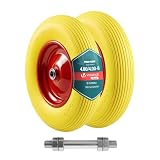 VOUNOT® 2 Ruedas Carretilla Goma Maciza PU Antipinchazos 4.80/4.00-8' Repuesto Neumático Eje Incluido 20mm 392x92mm con Rodamientos Bolas para Carretillas Obra Carros Jardinería Remolque Amarillo-Rojo