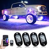 YiLaie 4 Pcs Luces Subterráneas para Coche, RGB LED Rock Lights App/Remote | Luces del chasis del Coche con Modo de música, 16M colores, Impermeable Underglow Light für ATV, RZR, UTV, SUV, Moto, 12V